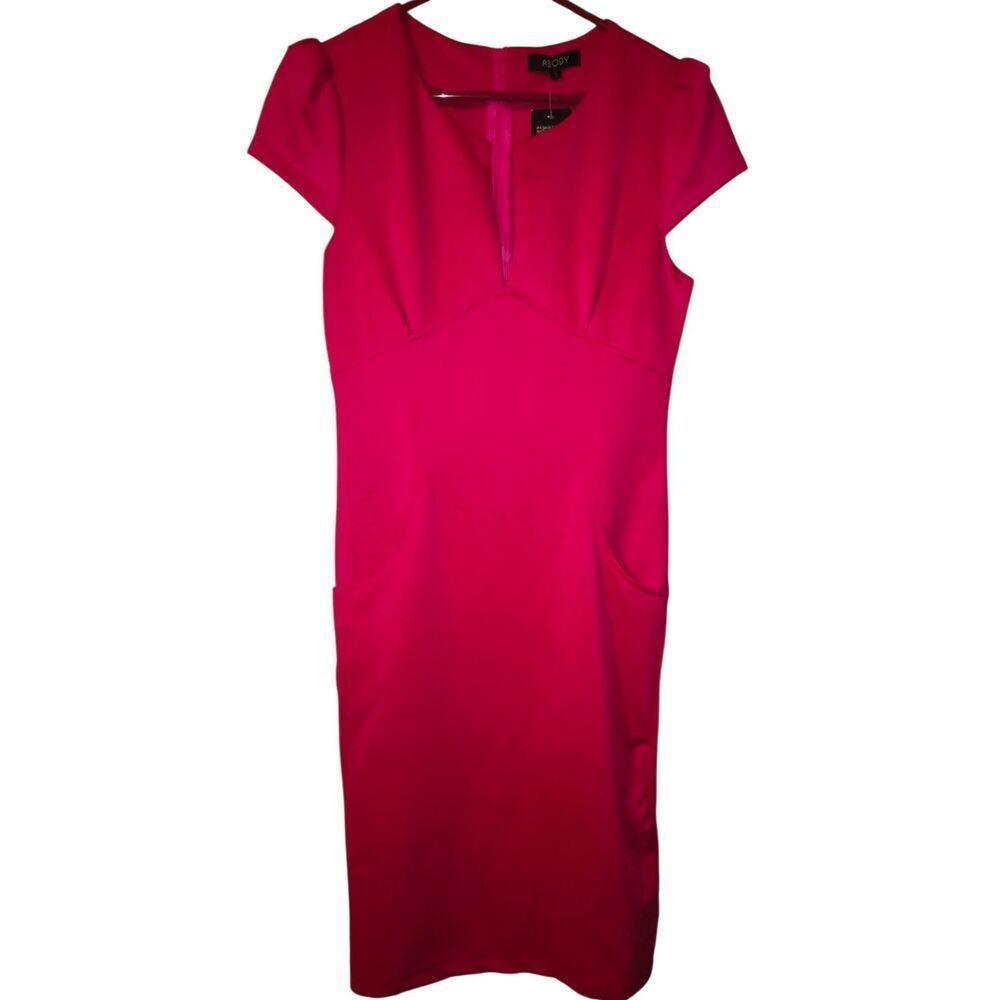 ABody Size L Pink Bodycon Short Sleeve Dress  Back Zipper NWT V neck pockets cap